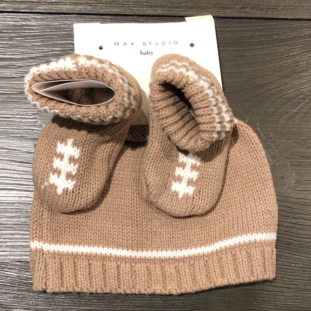 Max Studio Baby Football Knit Hat & Booties Set - Tan & White Accents